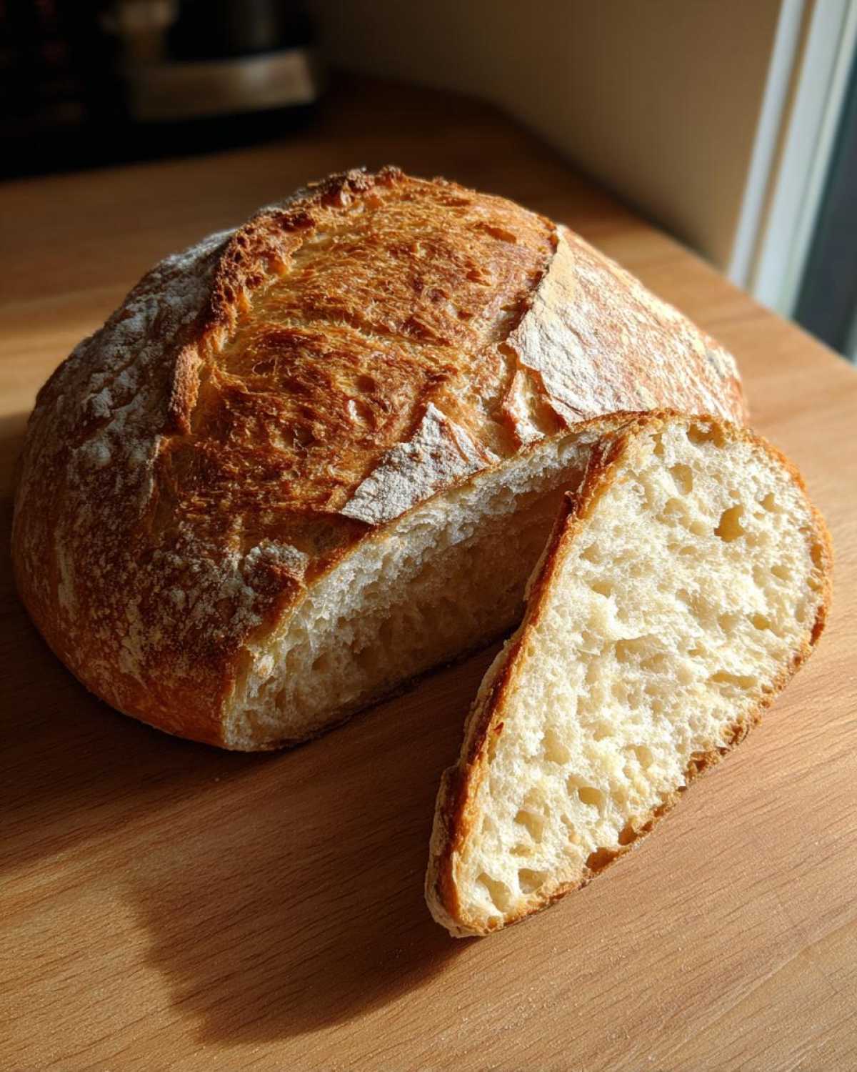 A freshly baked loaf of Crispy Italian Bread, partially sliced, showing its golden crust and airy interior on a wooden board.