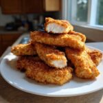A stack of golden brown Crispy Parmesan Chicken Tenders piled high on a white plate, showing a cross-section of juicy white meat.
