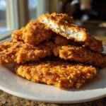 A stack of golden brown Crispy Parmesan Chicken Tenders piled high on a white plate, one piece is broken open showing the white meat inside.