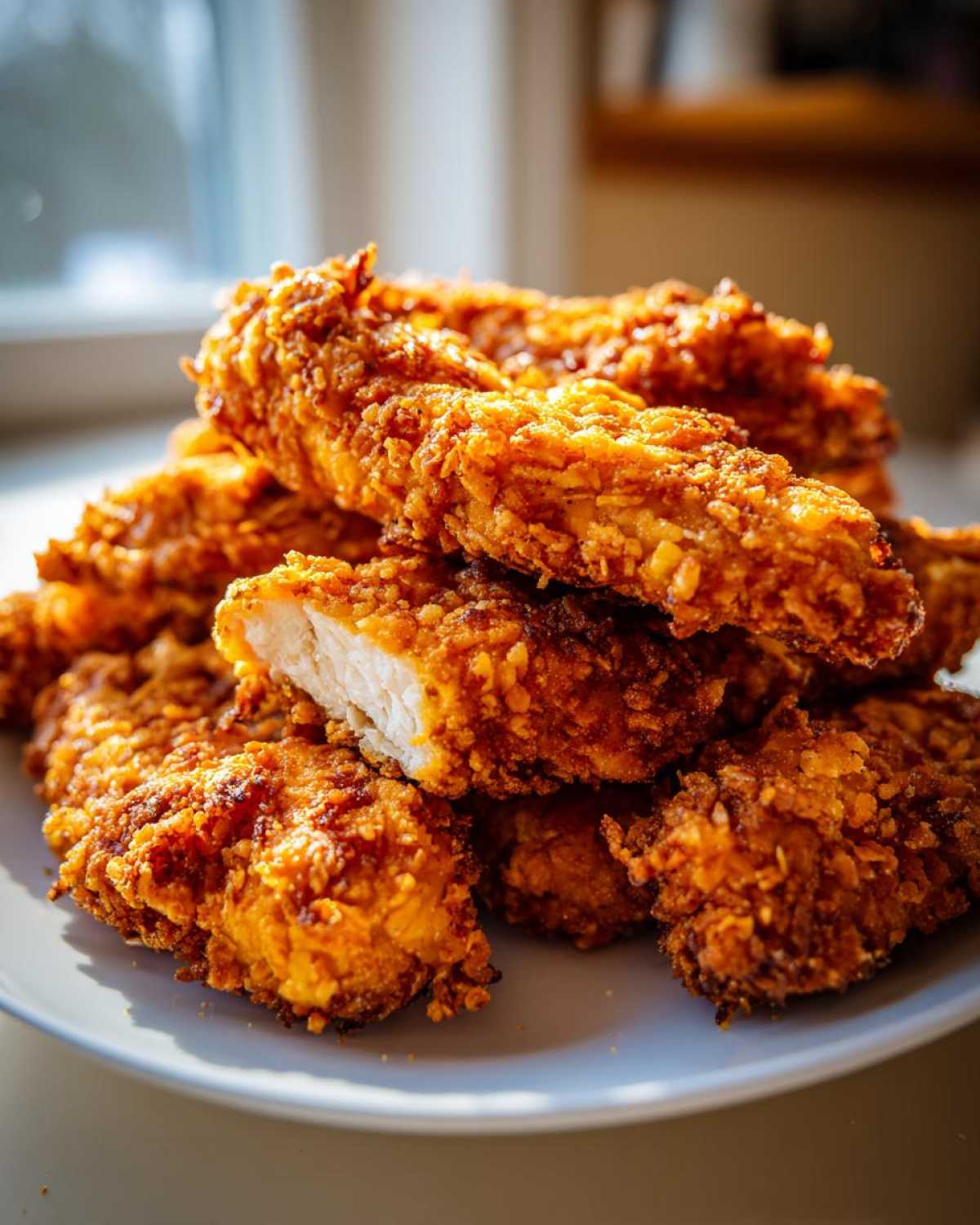 A pile of golden brown, extra crispy Parmesan chicken tenders, one cut open showing the white meat inside.