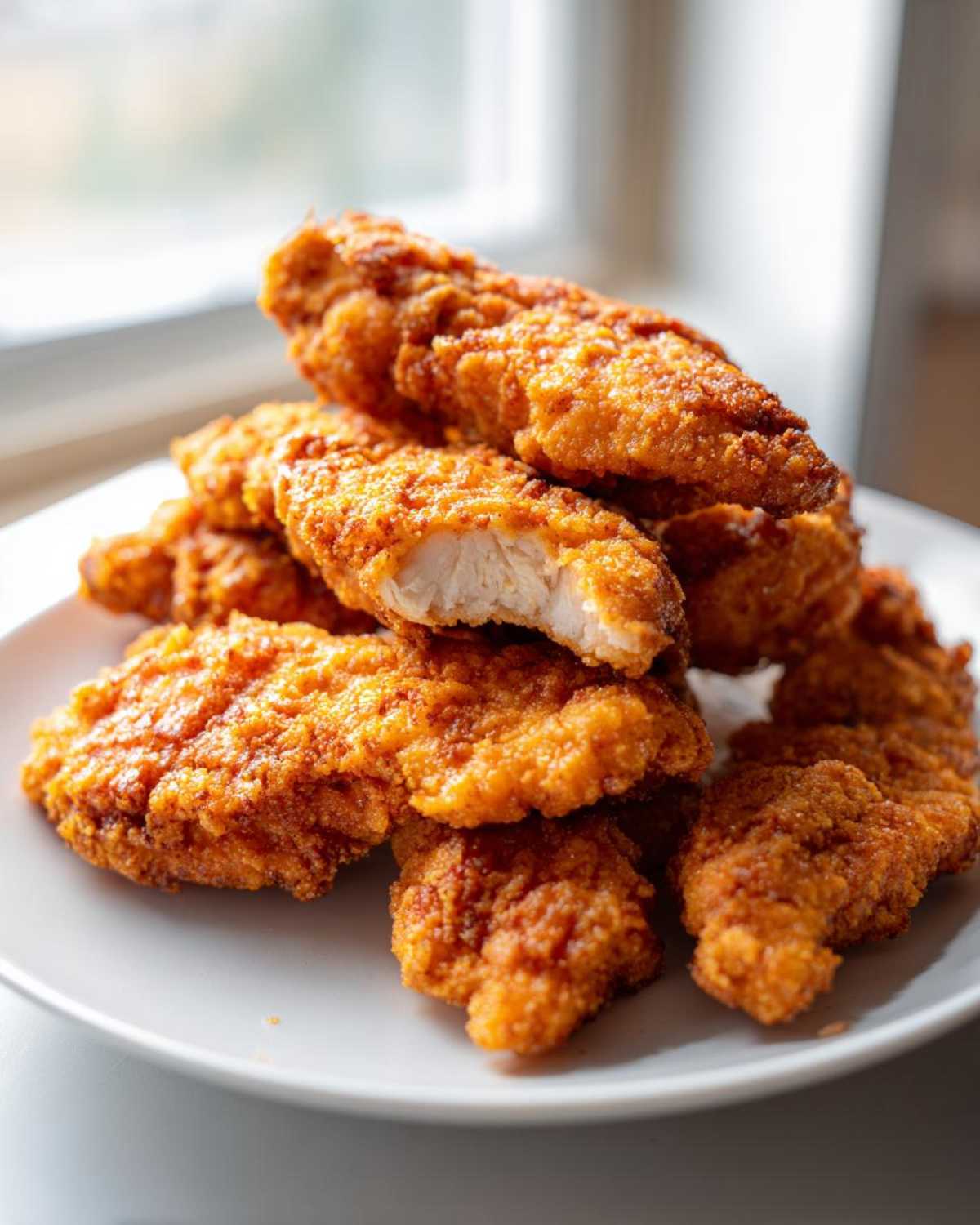 A close-up stack of golden brown Crispy Parmesan Chicken Tenders, one piece broken open showing the white meat inside.