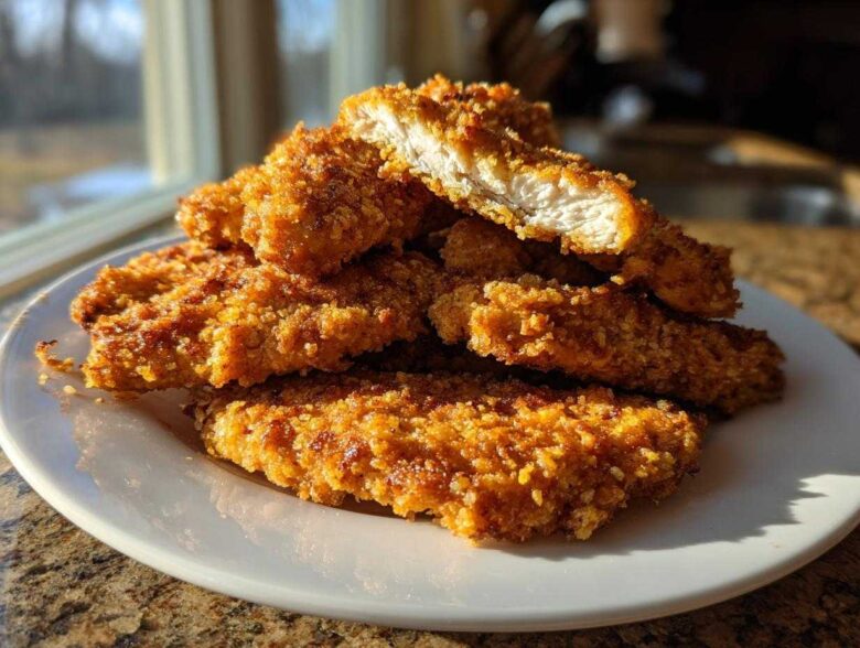 A stack of golden brown Crispy Parmesan Chicken Tenders piled high on a white plate, one piece is broken open showing the white meat inside.
