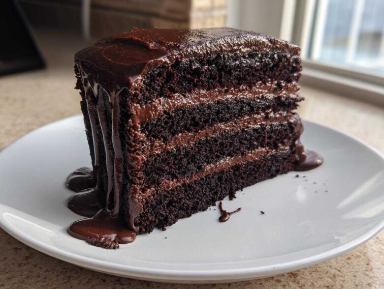A tall, three-layer slice of Death by Chocolate Cake covered in rich, dripping chocolate ganache on a white plate.