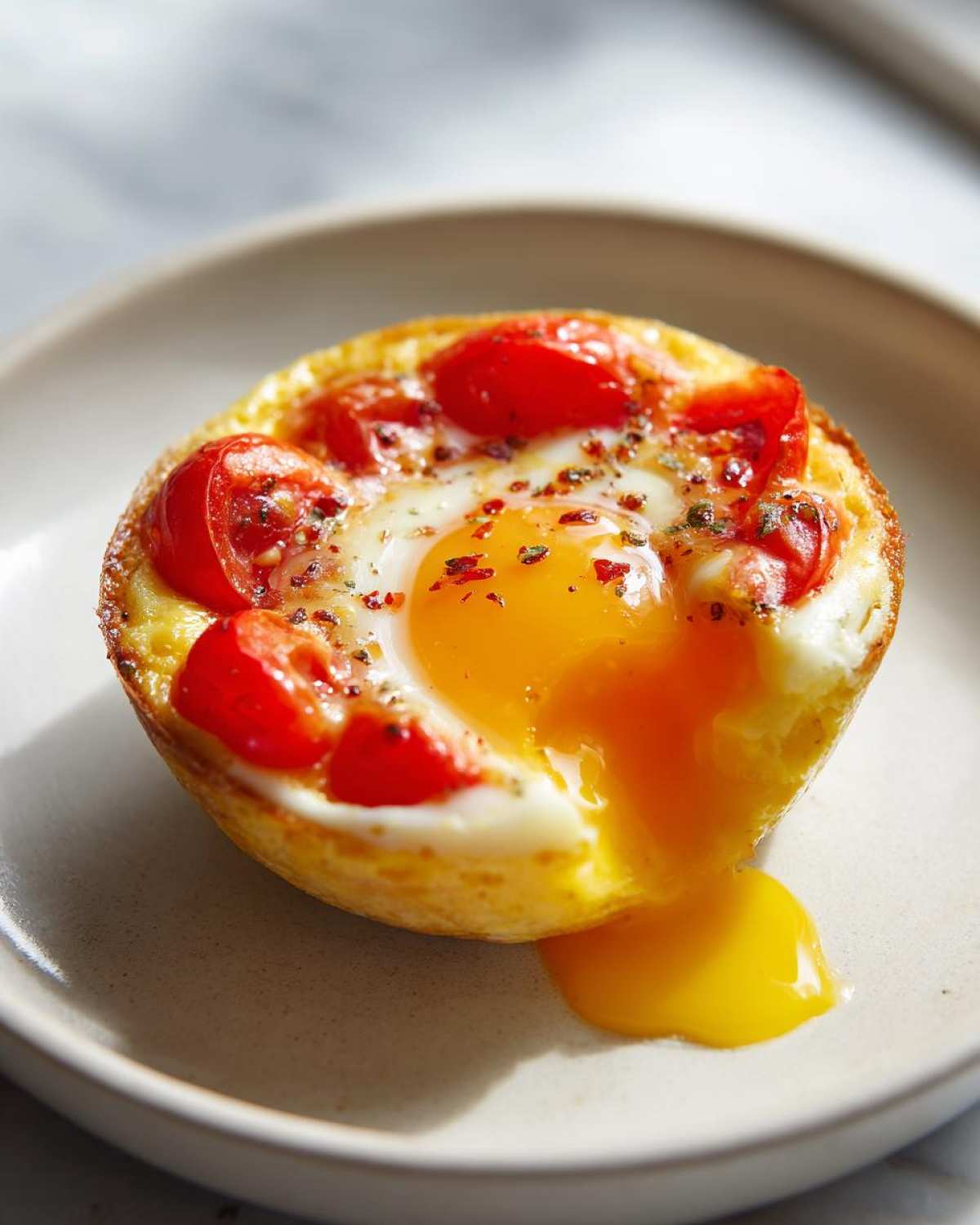 Close-up of an Easy 5-Minute Microwave Egg Caprese Cup with a runny yolk spilling onto the plate.