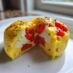 Cross-section of an Easy 5-Minute Microwave Egg Caprese Cup showing fluffy egg, mozzarella, and bright red tomatoes.
