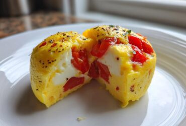 Cross-section of an Easy 5-Minute Microwave Egg Caprese Cup showing fluffy egg, mozzarella, and bright red tomatoes.