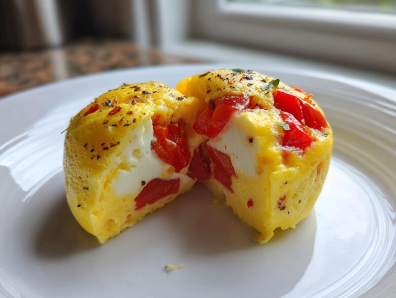 Cross-section of an Easy 5-Minute Microwave Egg Caprese Cup showing fluffy egg, mozzarella, and bright red tomatoes.