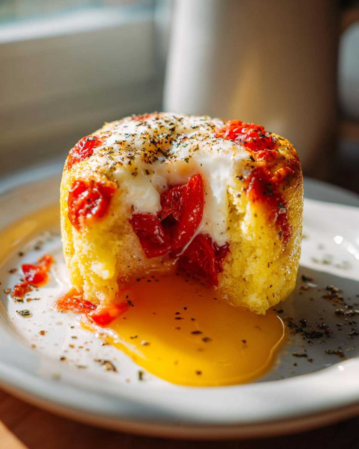 Close-up of an Easy 5-Minute Microwave Egg Caprese Cup with a bite taken out, showing melted mozzarella, tomatoes, and runny egg yolk spilling onto the plate.