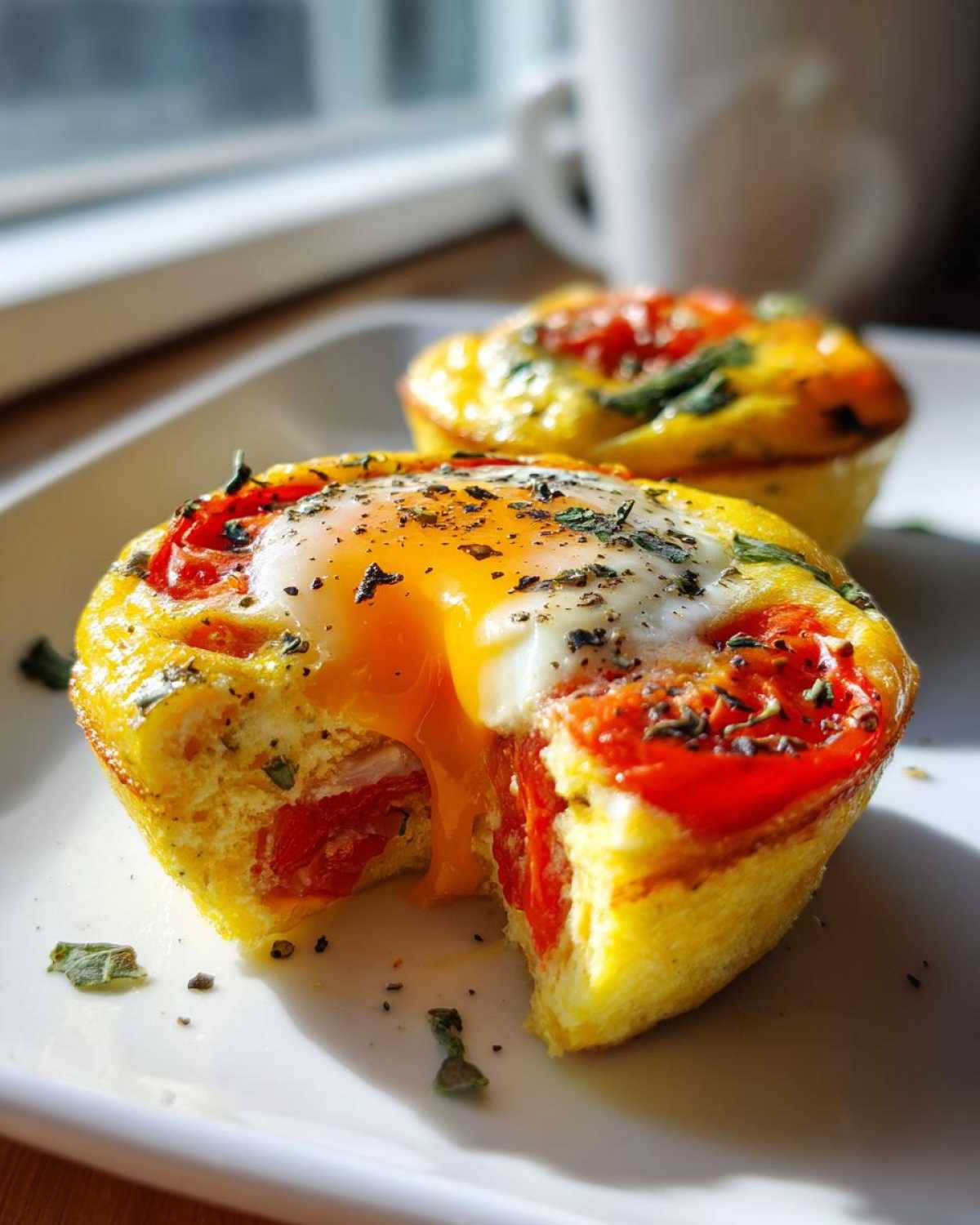 Close-up of an Easy 5-Minute Microwave Egg Caprese Cup cut open showing a runny yolk and bright red tomatoes.