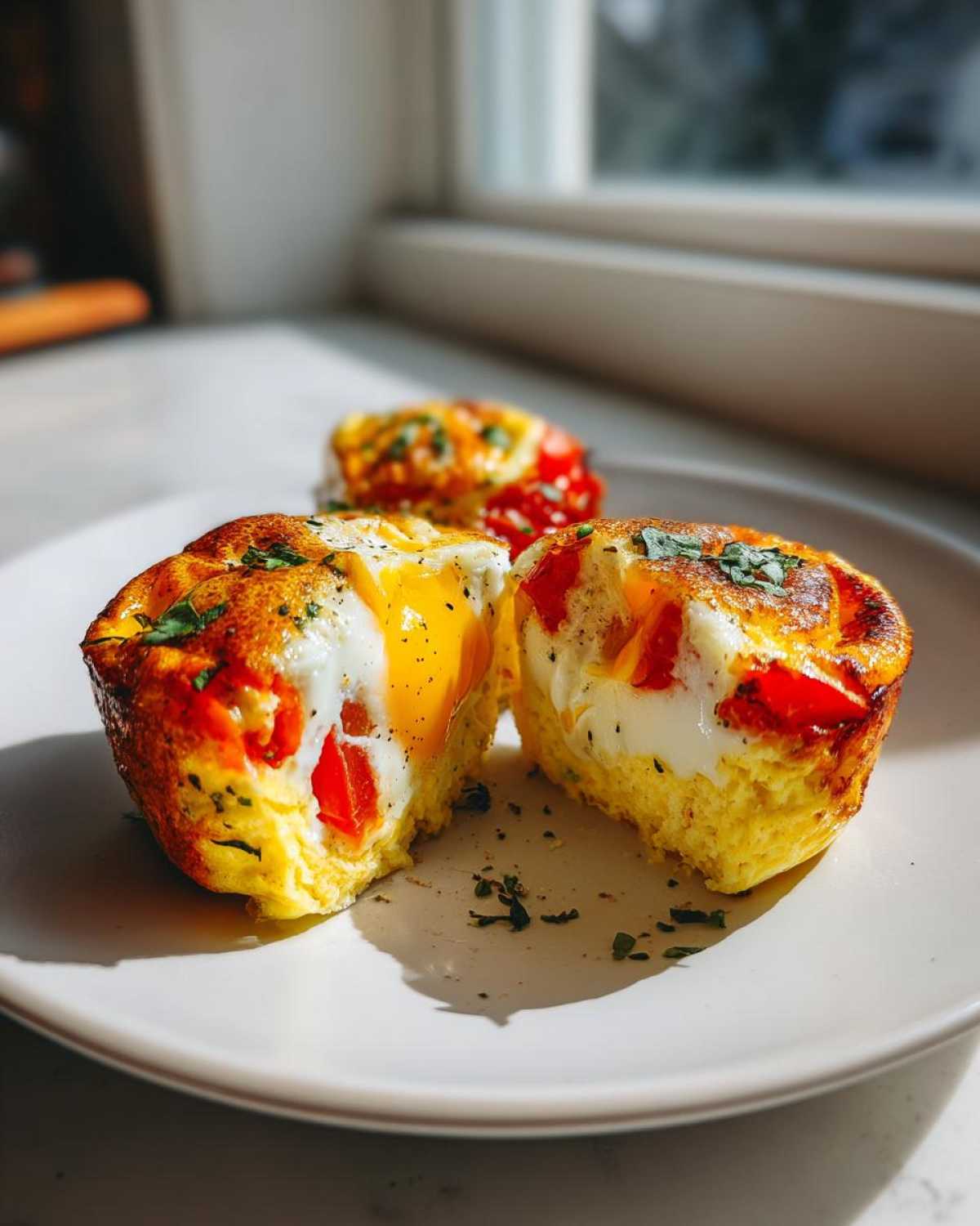 Close-up of Easy 5-Minute Microwave Egg Caprese Cups, one cut open showing runny yolk and tomatoes.