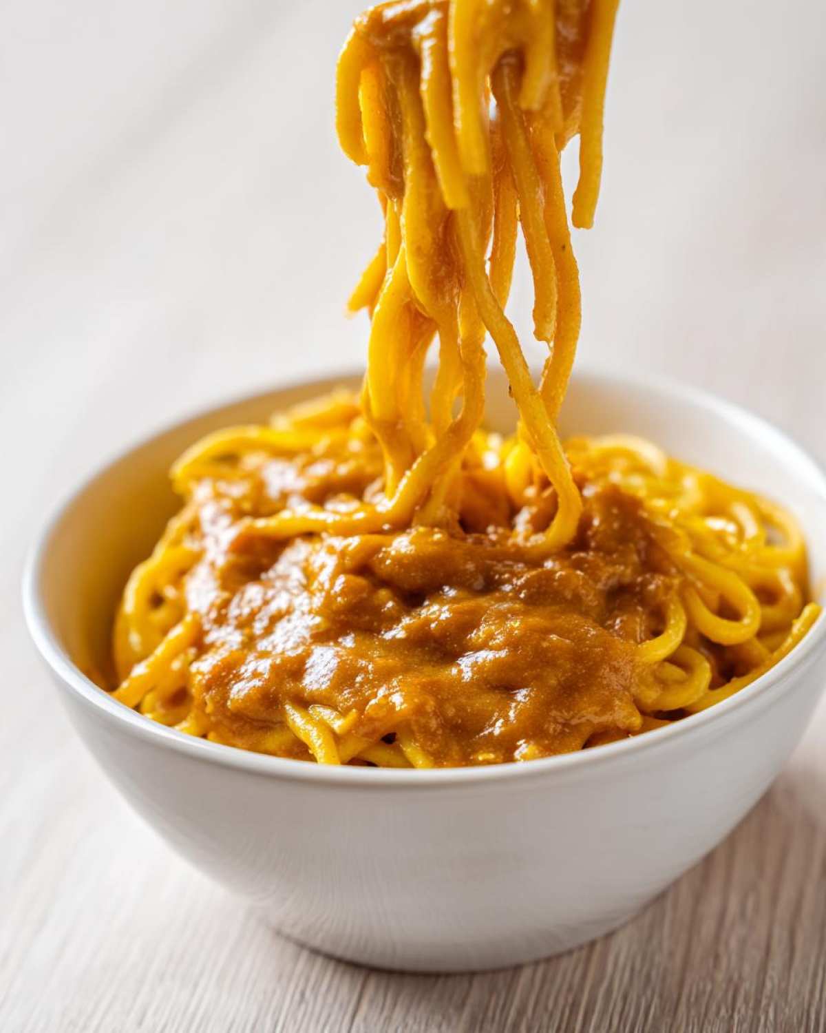 Close-up of noodles being lifted from a bowl, heavily coated in a rich, orange Easy 5-Minute Peanut Sauce.