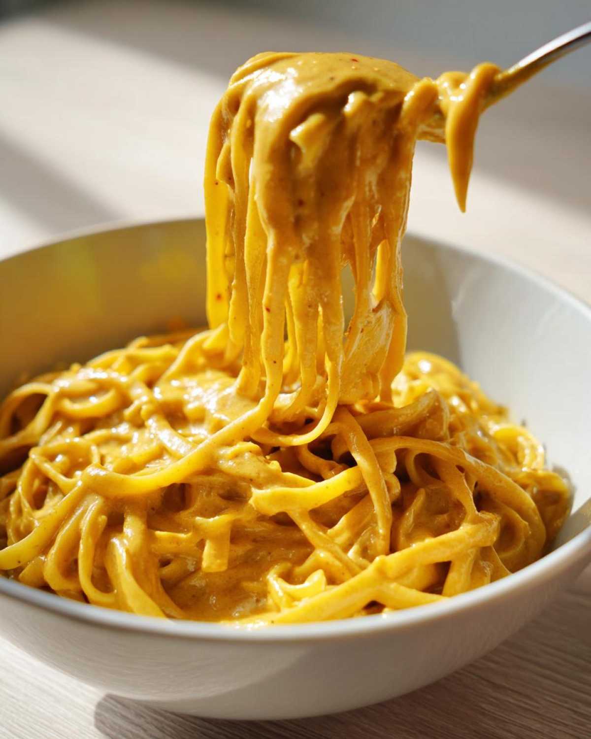 Close-up of noodles being lifted from a bowl, heavily coated in a thick, creamy Easy 5-Minute Peanut Sauce.