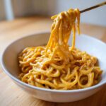 Close-up of noodles being lifted from a bowl, heavily coated in rich, creamy Easy 5-Minute Peanut Sauce.