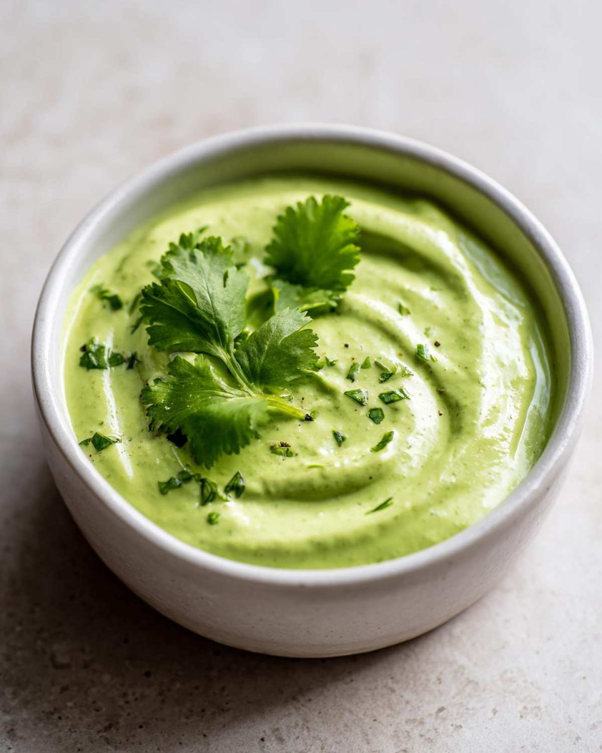 Close-up of a creamy, bright green Easy 5-Minute Salsa Verde Yogurt Dip garnished with fresh cilantro.