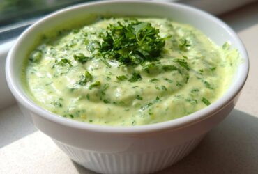 A close-up of the Easy 5-Minute Salsa Verde Yogurt Dip, a creamy light green dip topped with fresh parsley, served in a white ramekin.