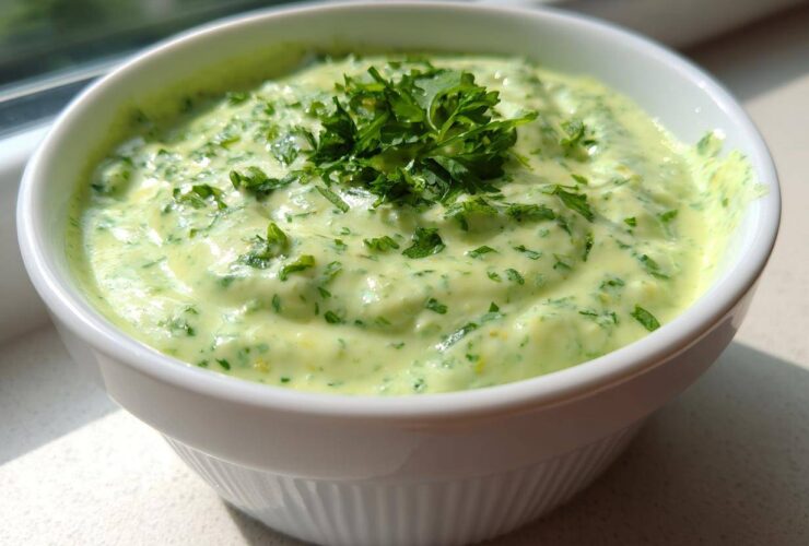 A close-up of the Easy 5-Minute Salsa Verde Yogurt Dip, a creamy light green dip topped with fresh parsley, served in a white ramekin.