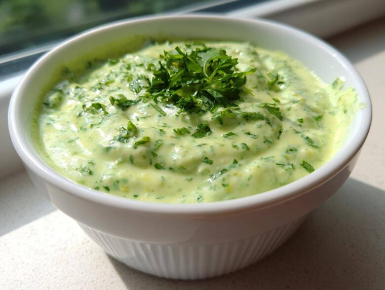A close-up of the Easy 5-Minute Salsa Verde Yogurt Dip, a creamy light green dip topped with fresh parsley, served in a white ramekin.