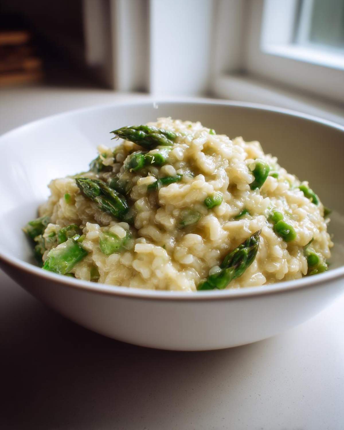 Close-up of a white bowl filled with Easy Creamy Asparagus Risotto, showing creamy rice and bright green asparagus tips.
