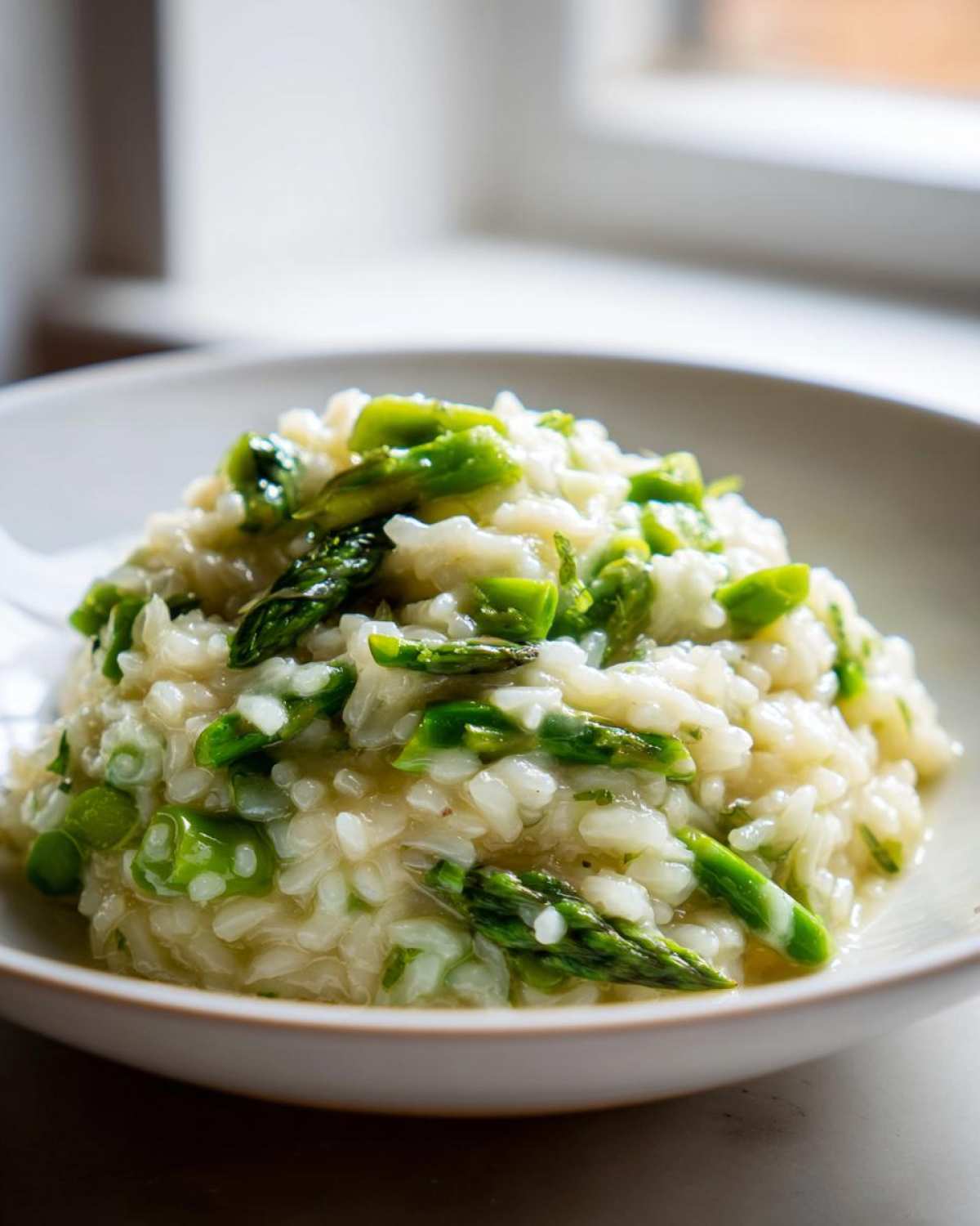 Close-up of a bowl filled with Easy Creamy Asparagus Risotto, featuring bright green asparagus pieces.