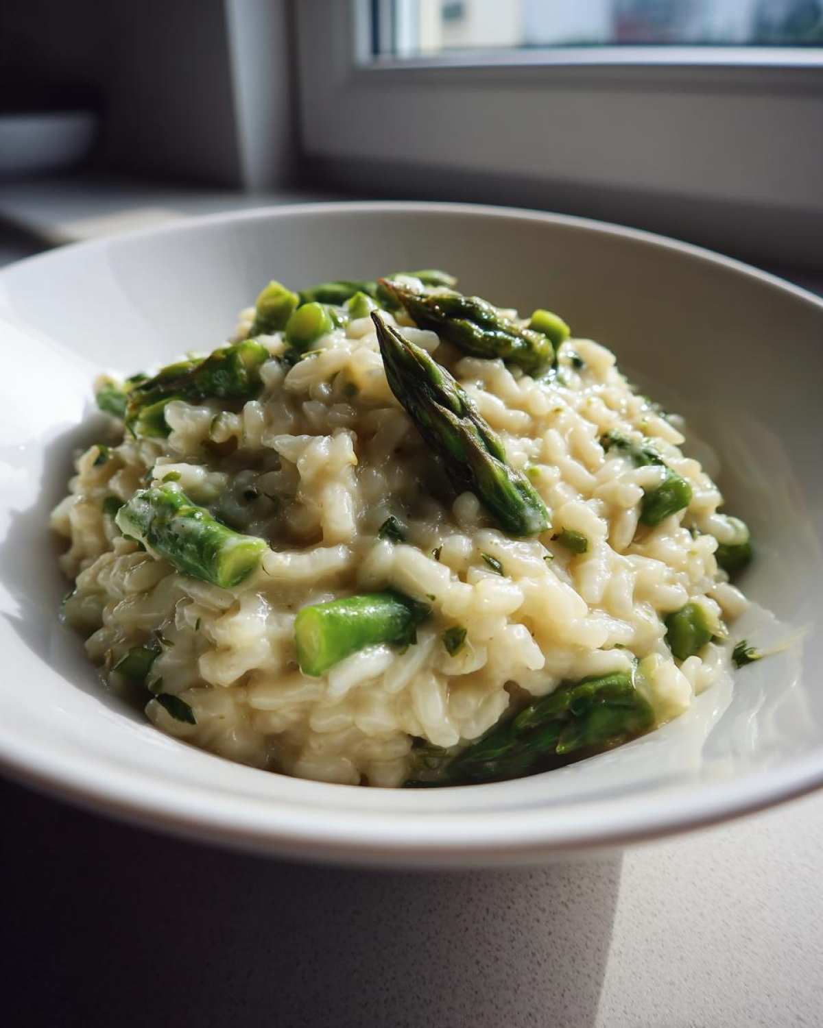 Close-up of a serving of Easy Creamy Asparagus Risotto topped with bright green asparagus spears in a white bowl.