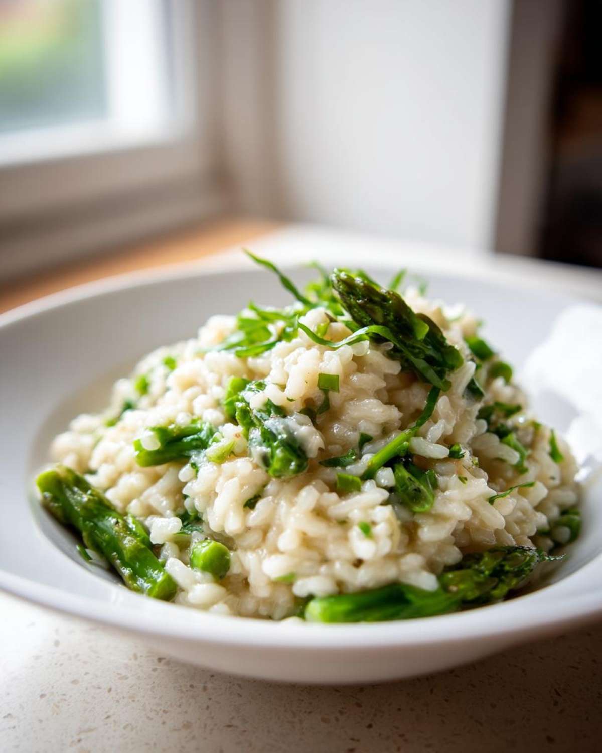 Close-up of a bowl of Easy Creamy Asparagus Risotto topped with fresh green asparagus tips.