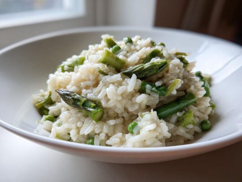 A close-up of a serving of Easy Creamy Asparagus Risotto, featuring creamy rice mixed with bright green asparagus pieces and peas, presented in a white bowl.