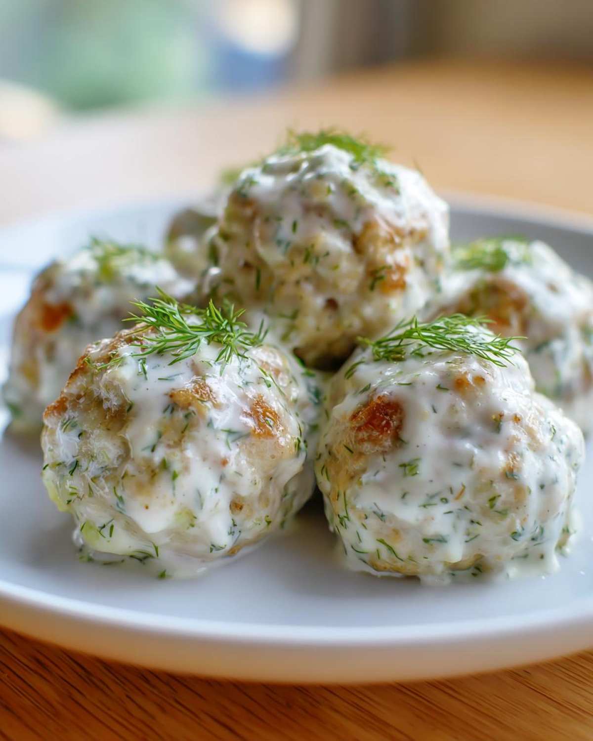 Close-up of several Easy Creamy Greek Chicken Meatballs smothered in a white dill sauce and garnished with fresh dill sprigs.
