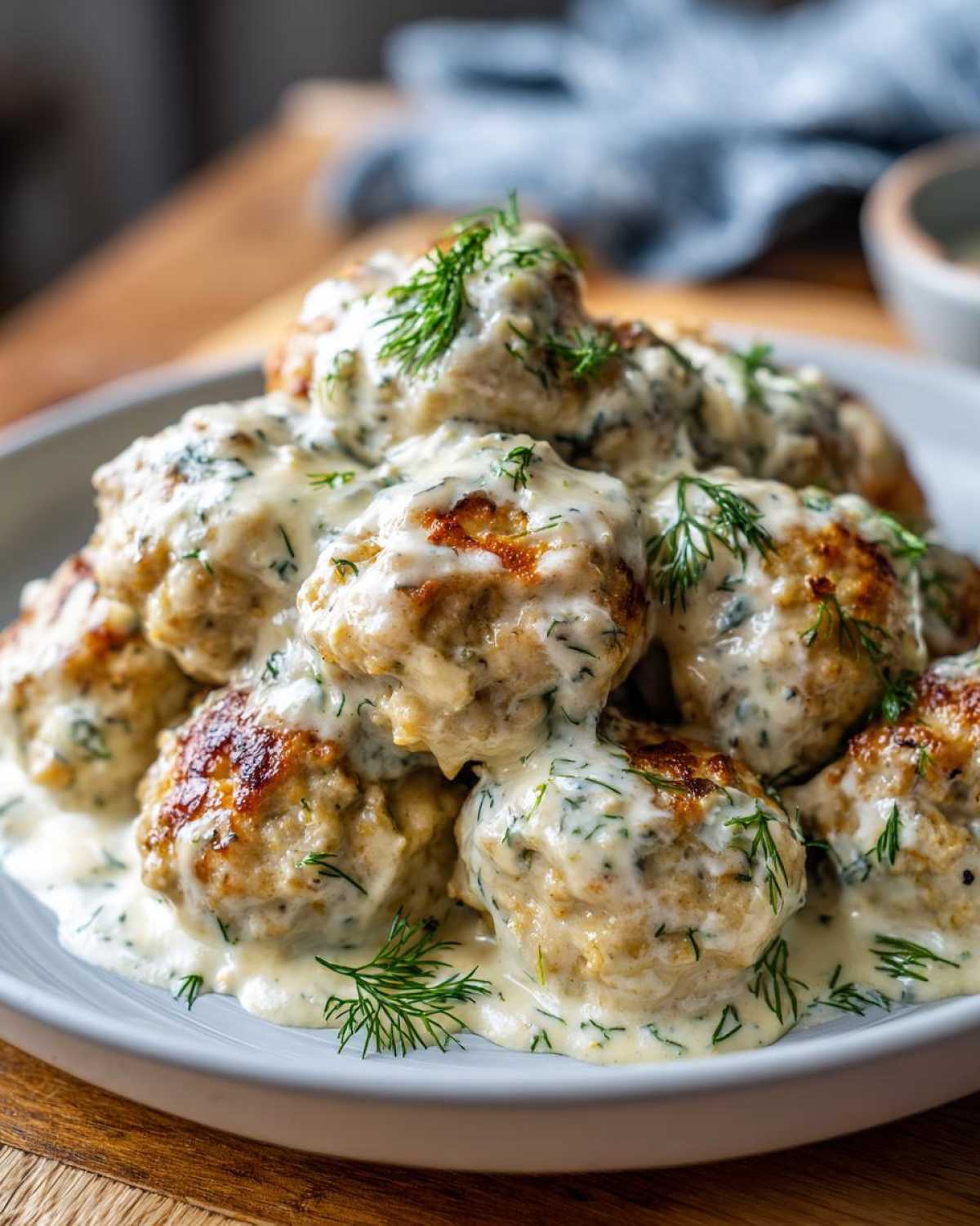 A close-up of Easy Creamy Greek Chicken Meatballs generously covered in a white, creamy sauce flecked with dill.