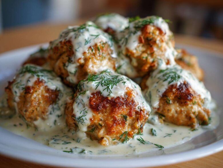 Close-up of golden brown Easy Creamy Greek Chicken Meatballs smothered in a white dill sauce.