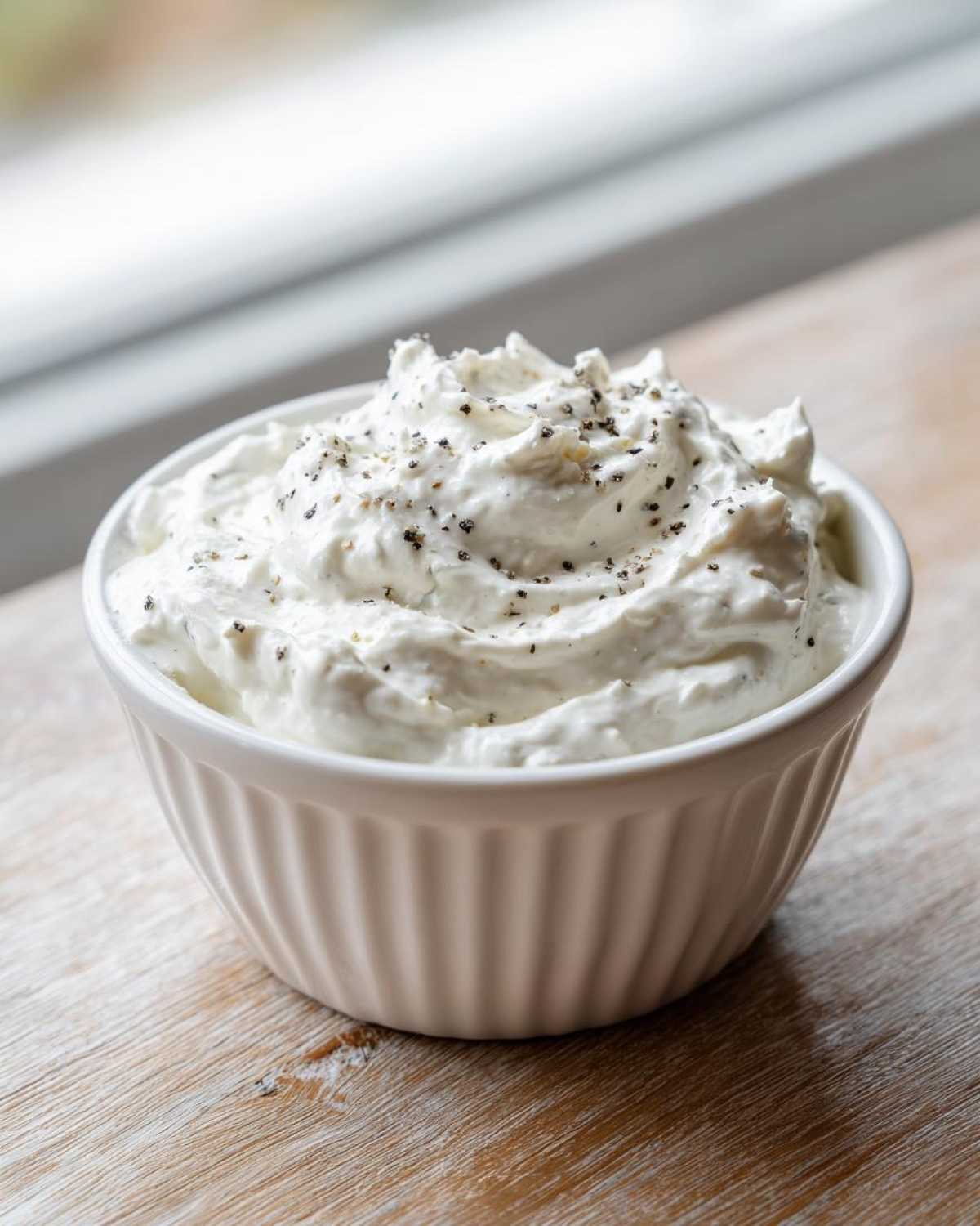 A white bowl filled with thick, creamy Easy Greek Yogurt Caesar Dressing topped with freshly cracked black pepper.