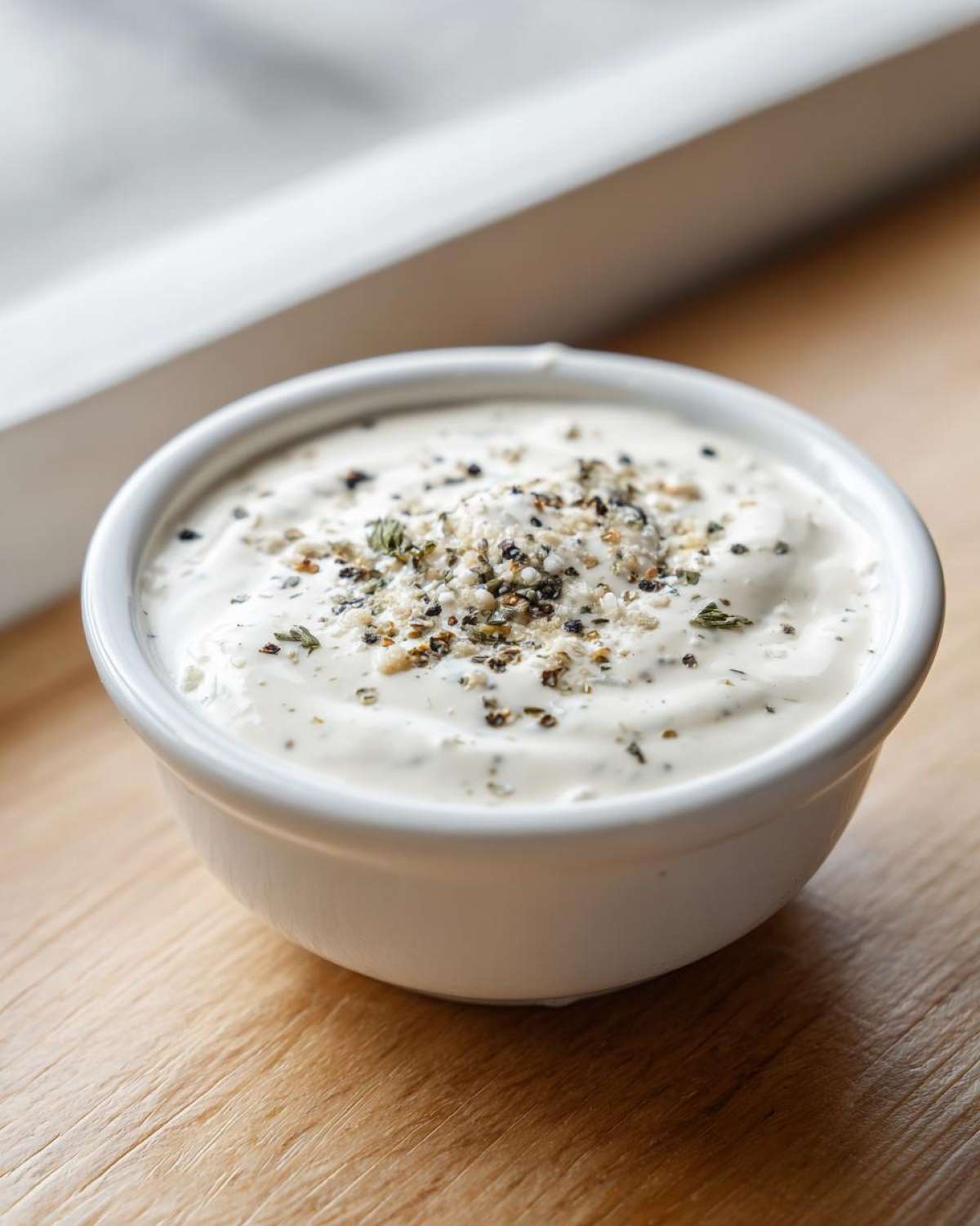 A small white bowl filled with creamy Easy Greek Yogurt Caesar Dressing, topped with seasoning.