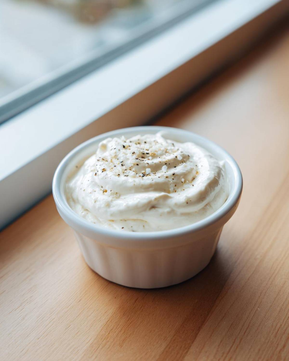 A small white ramekin filled with creamy Easy Greek Yogurt Caesar Dressing, topped with cracked black pepper and sea salt.