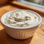 A close-up of thick Easy Greek Yogurt Caesar Dressing, speckled with herbs and pepper, served in a small white ramekin.