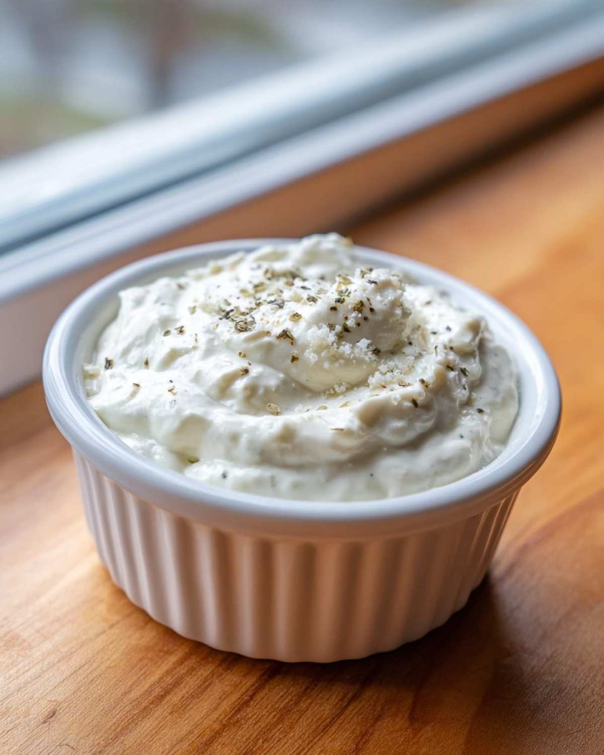 A small white ramekin filled with creamy Easy Greek Yogurt Caesar Dressing, topped with herbs and grated cheese.