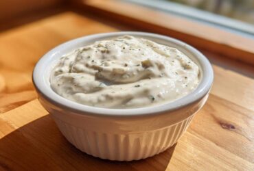 A close-up of thick Easy Greek Yogurt Caesar Dressing, speckled with herbs and pepper, served in a small white ramekin.