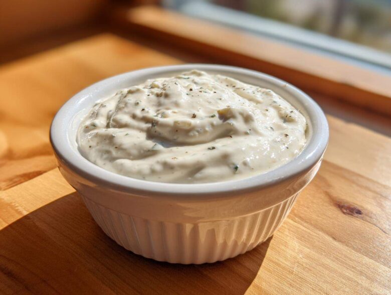 A close-up of thick Easy Greek Yogurt Caesar Dressing, speckled with herbs and pepper, served in a small white ramekin.