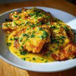 Three golden brown Easy One-Pan Creamy Garlic Lemon Chicken Cutlets covered in a rich, yellow sauce and fresh parsley.