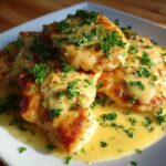 Three golden brown Easy One-Pan Creamy Garlic Lemon Chicken Cutlets covered in a rich, yellow cream sauce and fresh parsley.