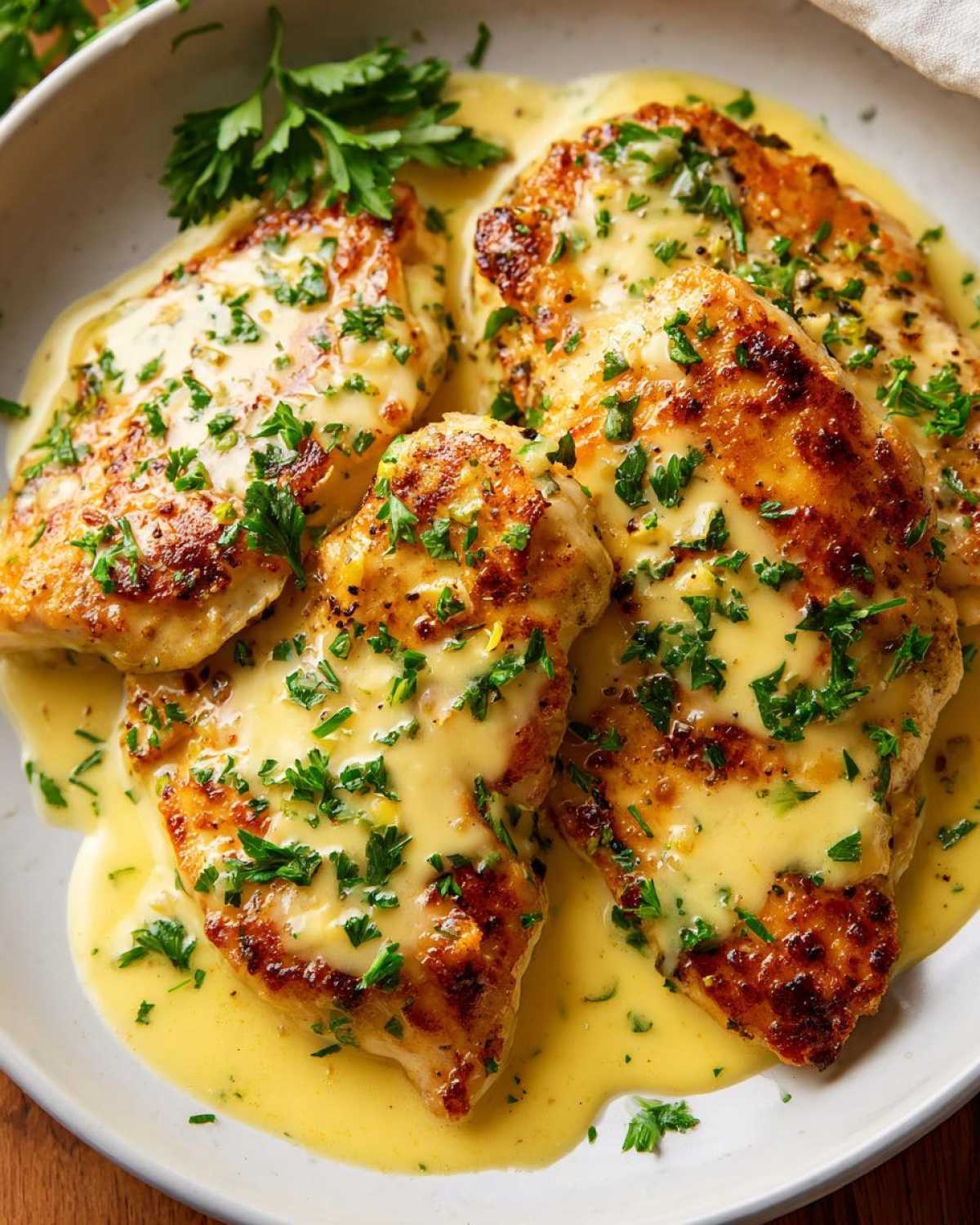 Four golden-brown Easy One-Pan Creamy Garlic Lemon Chicken Cutlets smothered in a rich, yellow cream sauce and topped with fresh parsley.