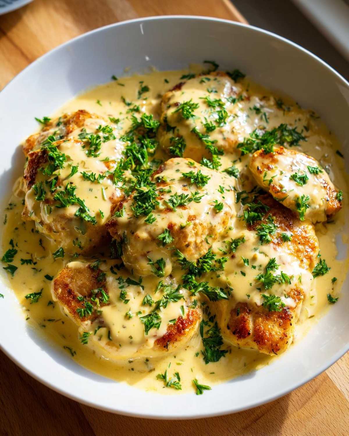 Golden pan-fried chicken cutlets smothered in a creamy garlic lemon sauce and topped with fresh parsley.