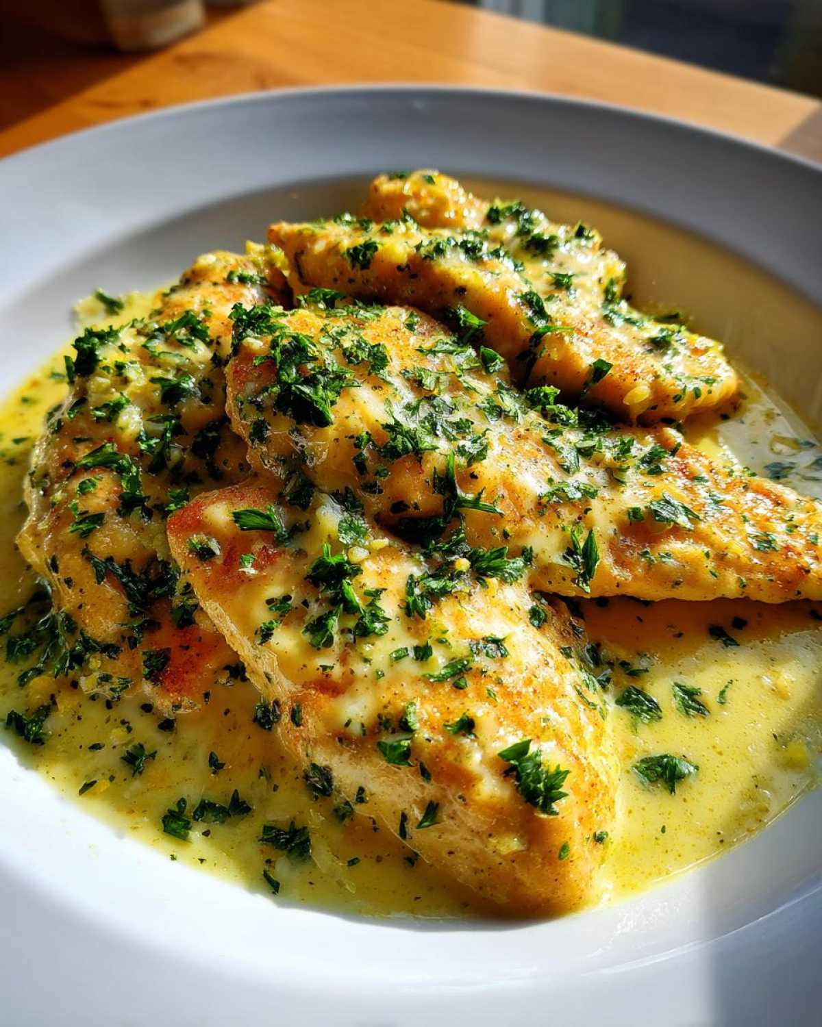 Close-up of golden chicken cutlets smothered in creamy garlic lemon sauce and topped with fresh parsley.