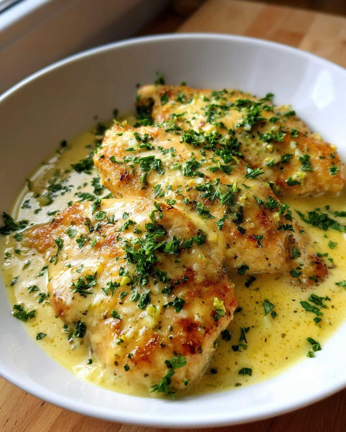 Three golden-brown chicken cutlets smothered in creamy garlic lemon sauce and topped with fresh parsley.