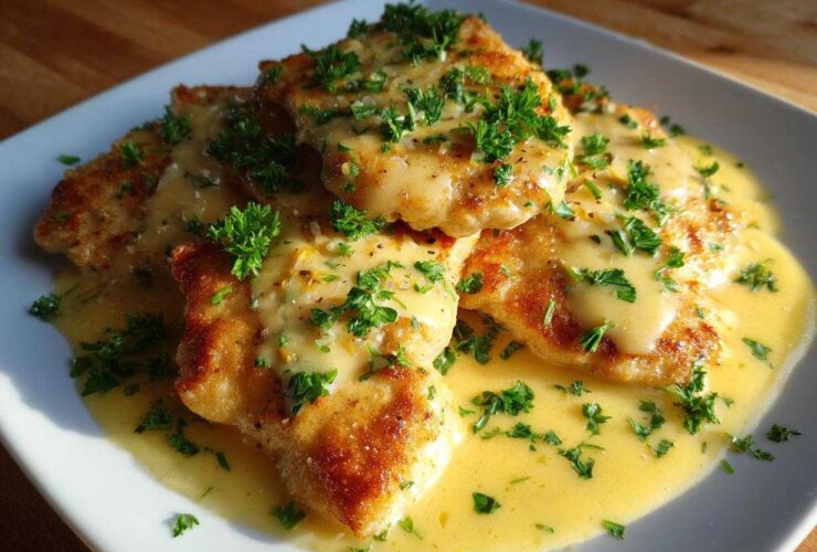 Three golden brown Easy One-Pan Creamy Garlic Lemon Chicken Cutlets covered in a rich, yellow cream sauce and fresh parsley.