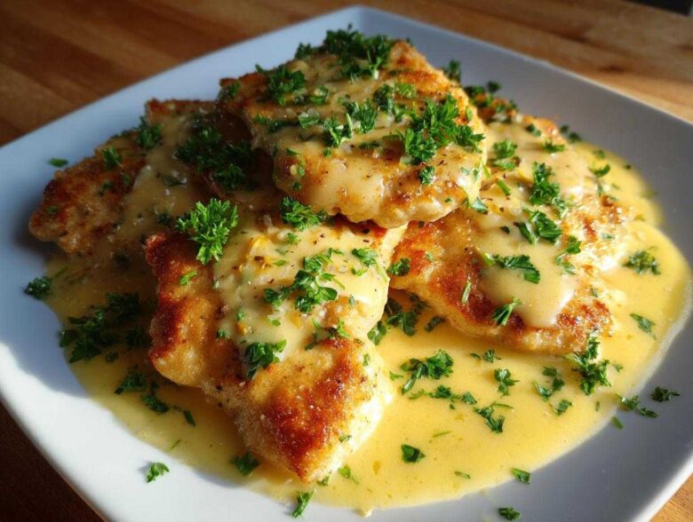 Three golden brown Easy One-Pan Creamy Garlic Lemon Chicken Cutlets covered in a rich, yellow cream sauce and fresh parsley.