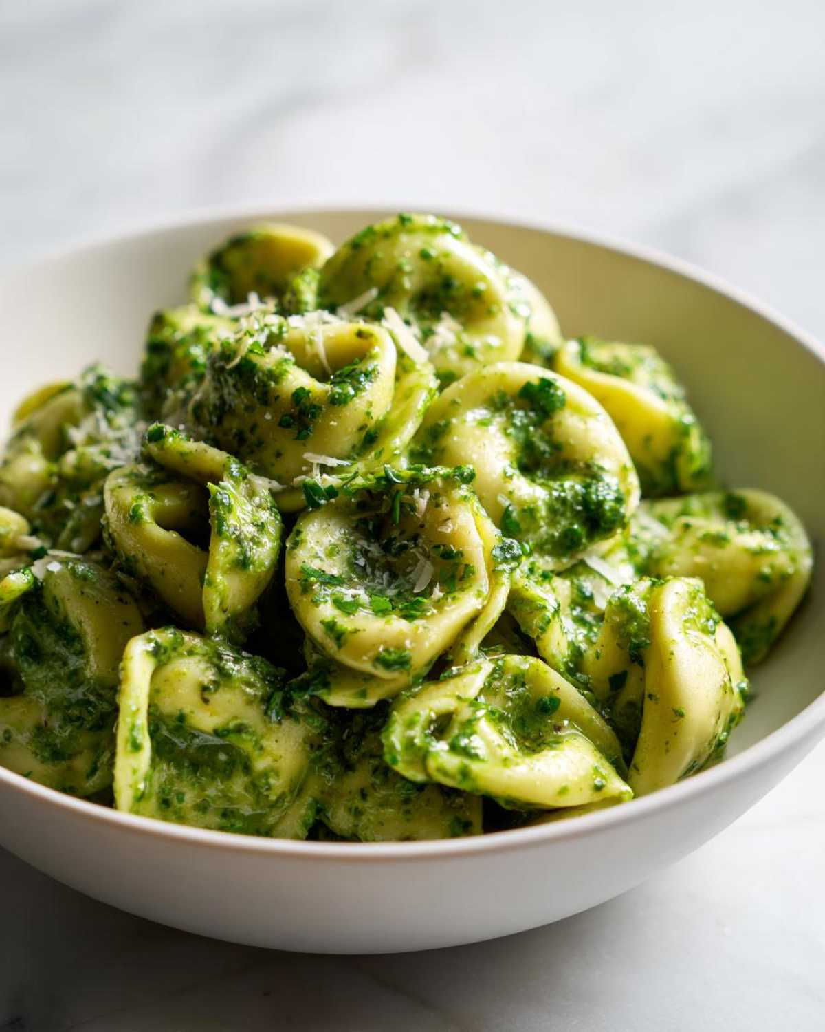 A close-up of a white bowl filled with Easy One-Pot Creamy Pesto Tortellini, topped with grated cheese.