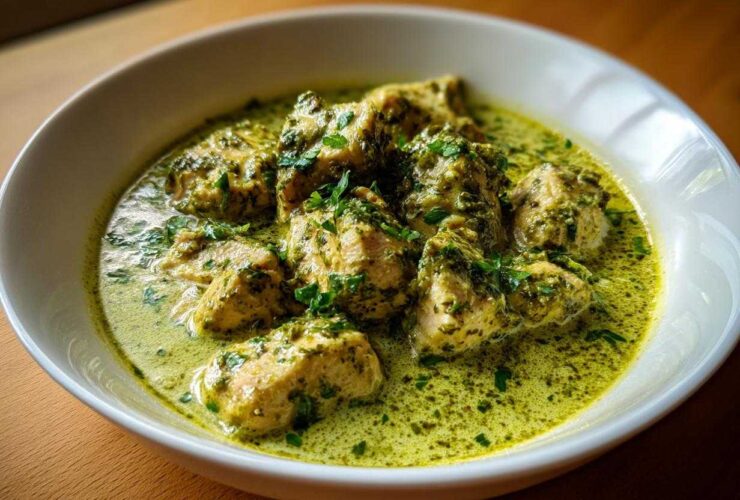 Close-up of tender chicken pieces coated in a vibrant, creamy salsa verde sauce, garnished with fresh herbs.