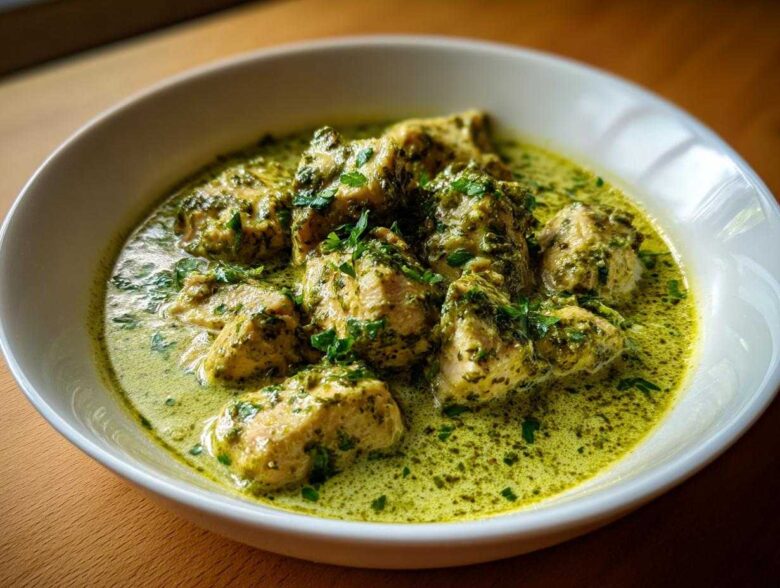 Close-up of tender chicken pieces coated in a vibrant, creamy salsa verde sauce, garnished with fresh herbs.