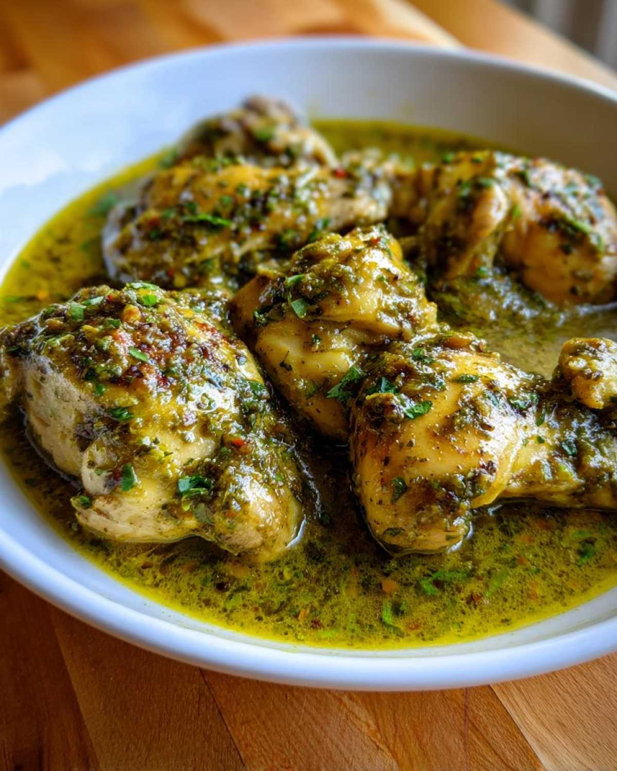 Close-up of tender chicken pieces swimming in a vibrant green, creamy salsa verde sauce, ready to eat.