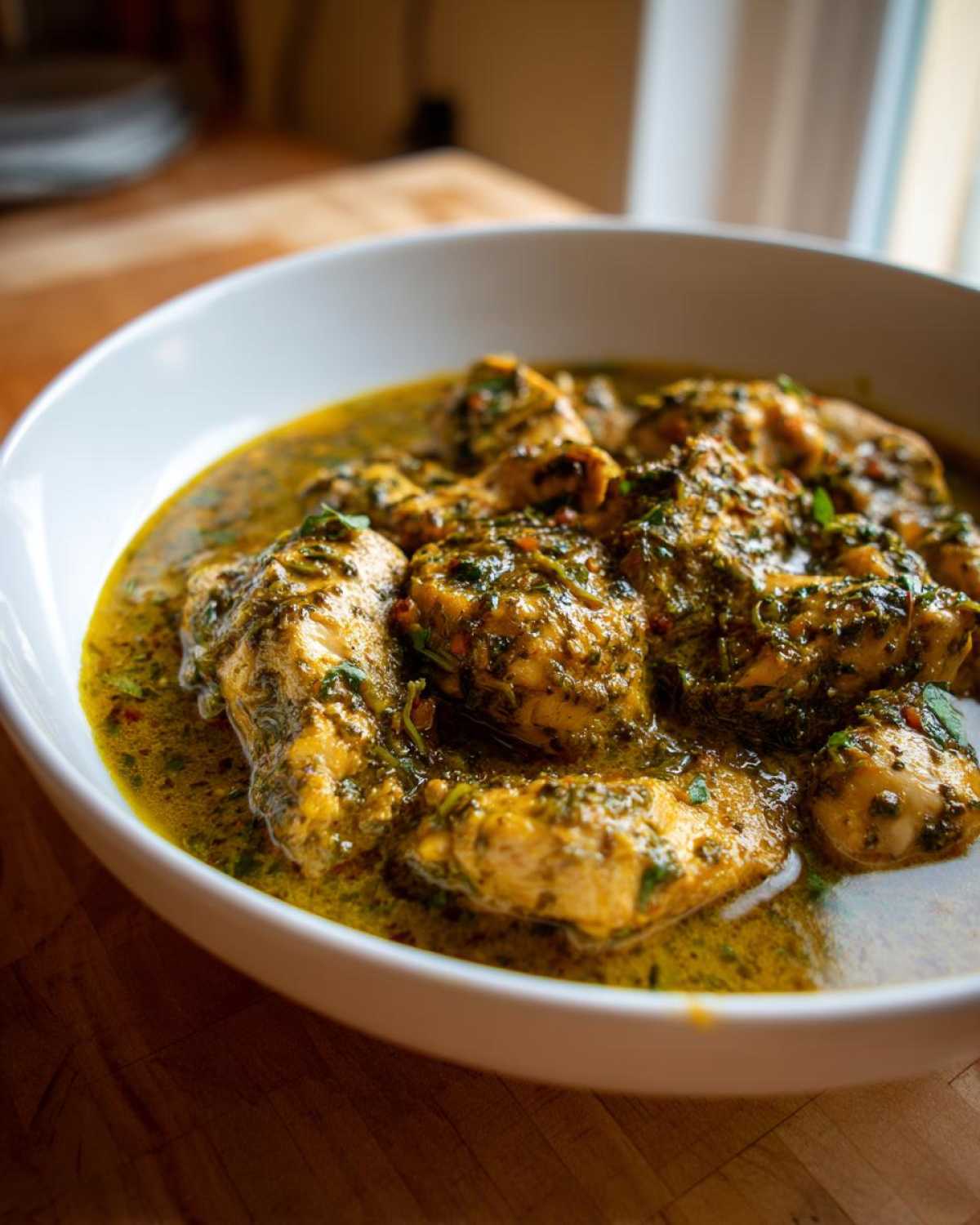 Close-up of tender chicken pieces coated in a rich, creamy, green salsa verde sauce in a white bowl.
