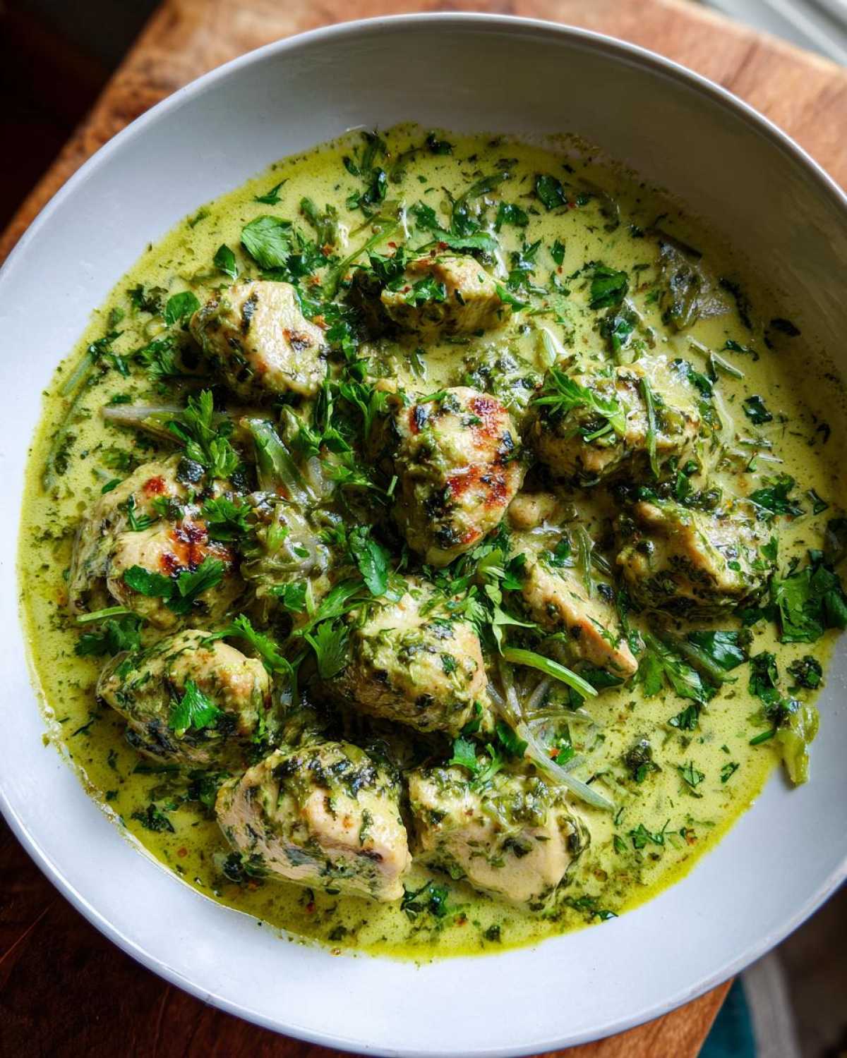Close-up overhead view of Easy One-Pot Creamy Salsa Verde Chicken pieces in a light green sauce, garnished with fresh herbs.